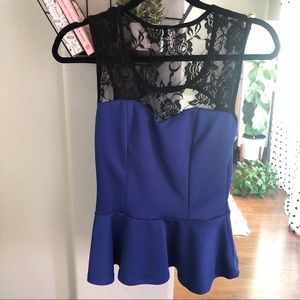 Blue & black lace peplum top